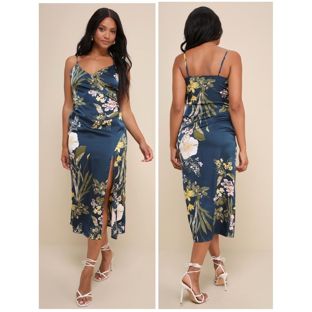 Lulus Remarkable Entrance Navy Blue Floral Print Satin Midi Dress Size Medium